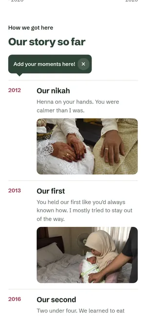 Screenshot of a sample page: story timeline with photos
